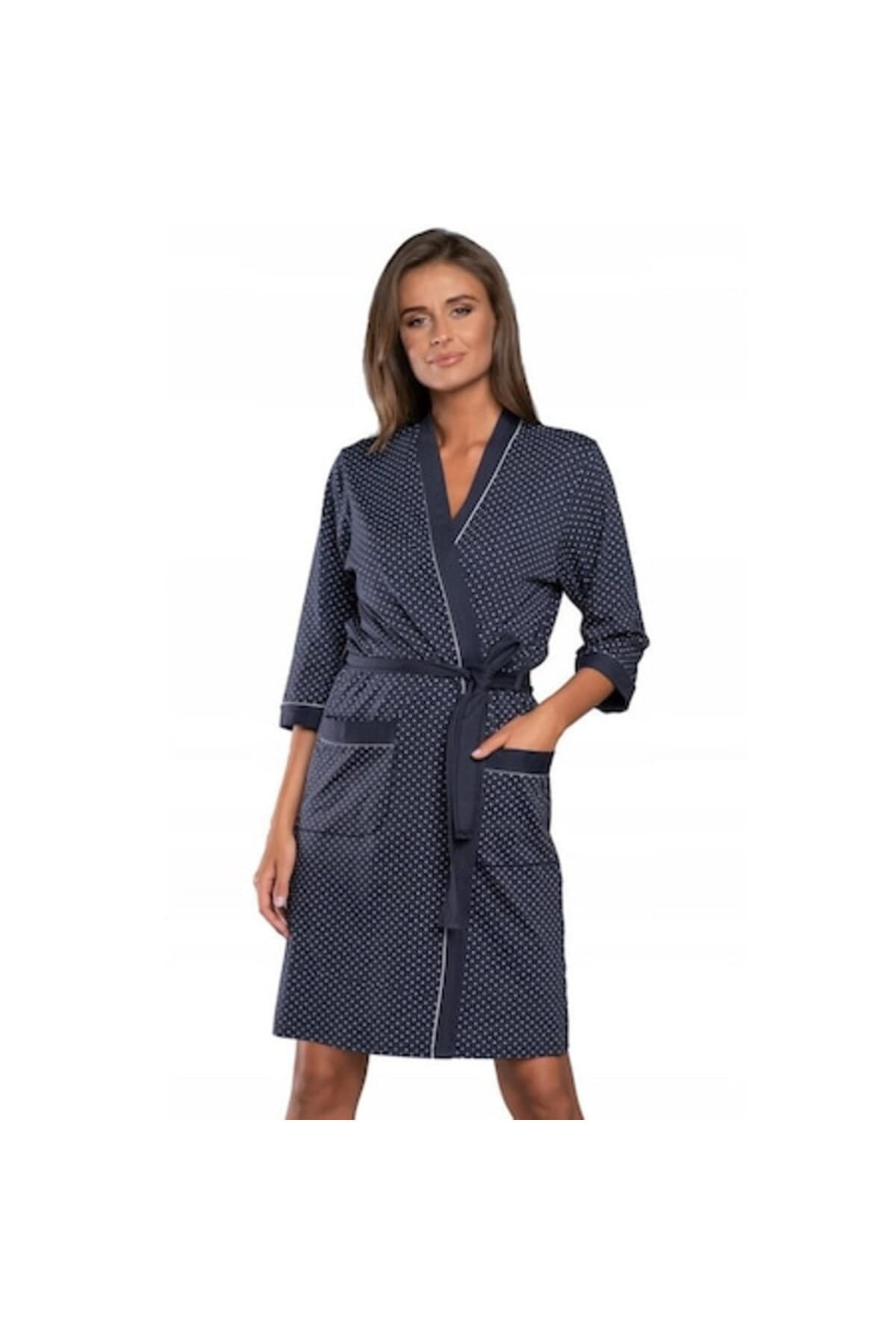 Fotografie produs: Halat de baie pentru femei, bumbac, Monik, maneca 3/4, bleumarin cu stele, marimea S