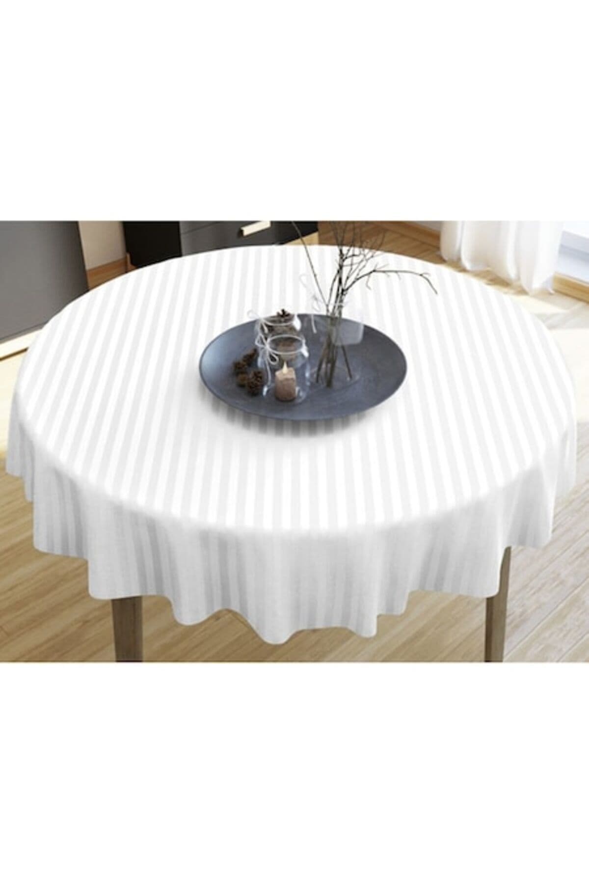 Fotografie produs: Fata de masa rotunda cu dungi damascate, 100% bumbac, 140 cm, alba