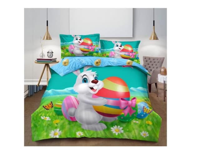 Fotografie produs: Lenjerie de pat, 4 Piese bumbac finet, Tematica de Paste verde cu iepuras si oua 200 x 230 cm -Concept E Efrall