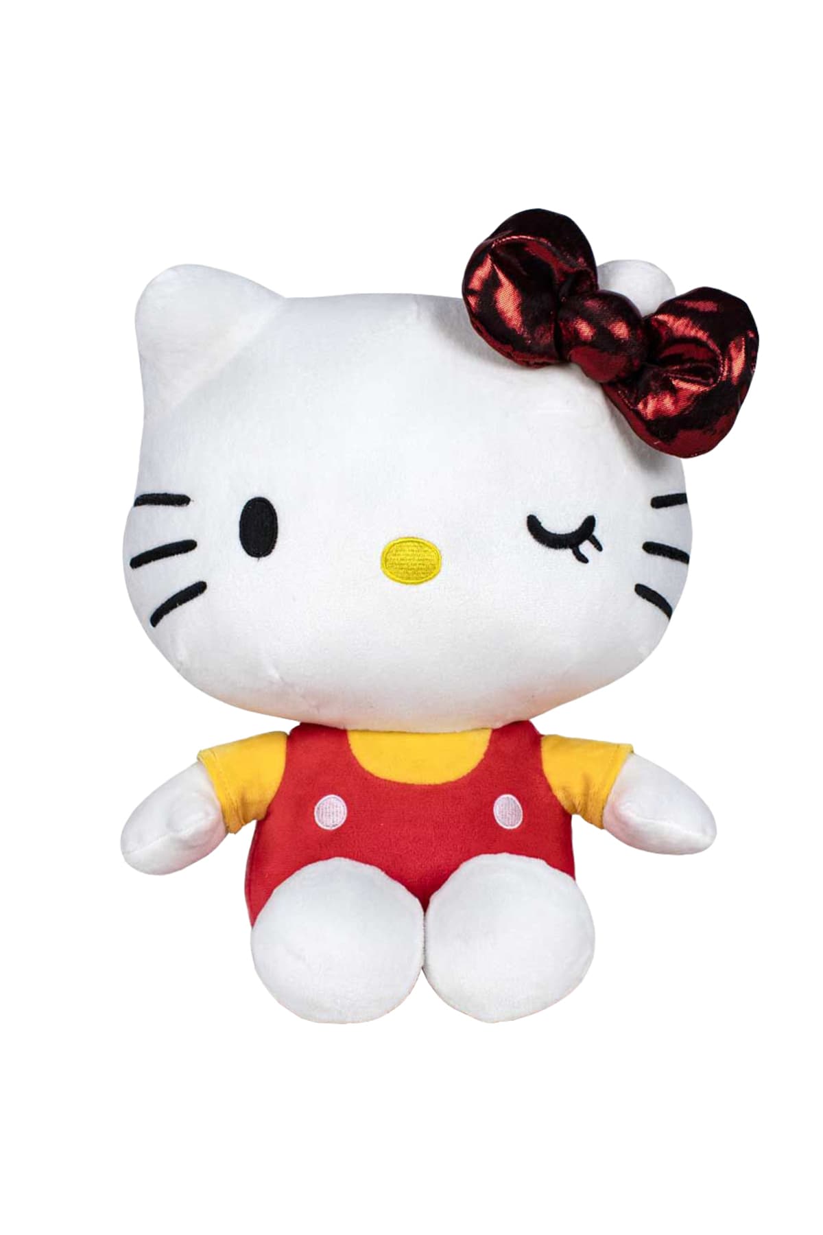 Jucarie din plus Hello Kitty cu salopeta rosie, Editie aniversara, 22 cm