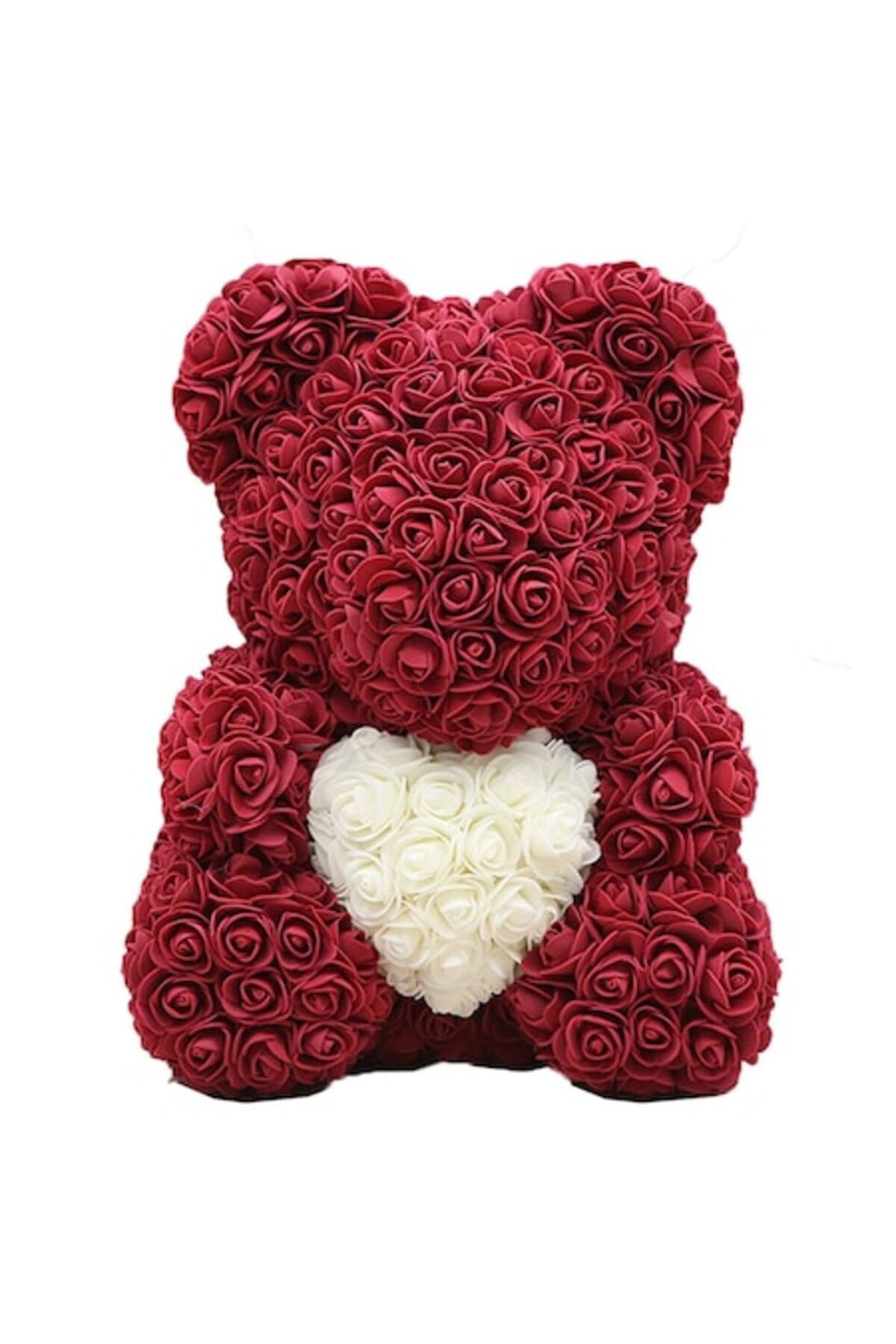 Fotografie produs: Ursulet de plus cu trandafiri de sapun in cutie, 40 cm rosu cu alb