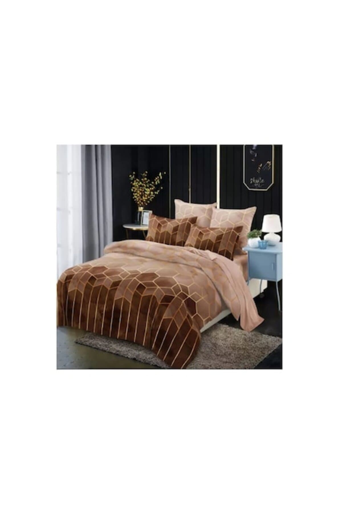 Fotografie produs: Set de lenjerie de pat dublu, bumbac premium, 6 piese, model geometric maro, 200 x 230