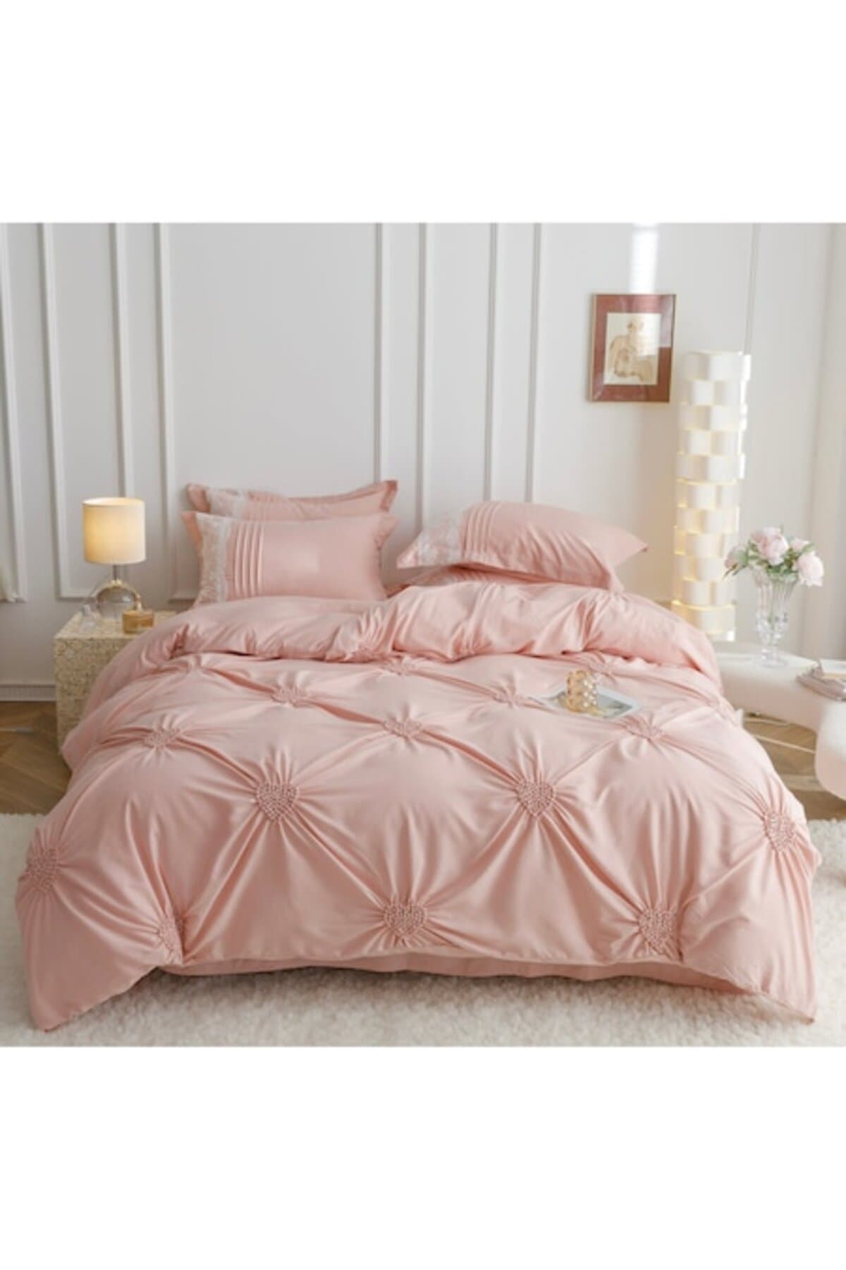 Fotografie produs: Set de lenjerie de pat Imperial Decor, Jojo din bumbac fin pentru 2 persoane, 6 piese, roz pal