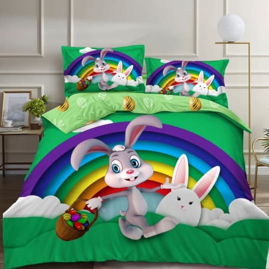 Fotografie produs: Lenjerie de pat, 4 Piese bumbac finet, Tematica de Paste verde cu iepurasi 200 x 230 cm -Concept E Efrall