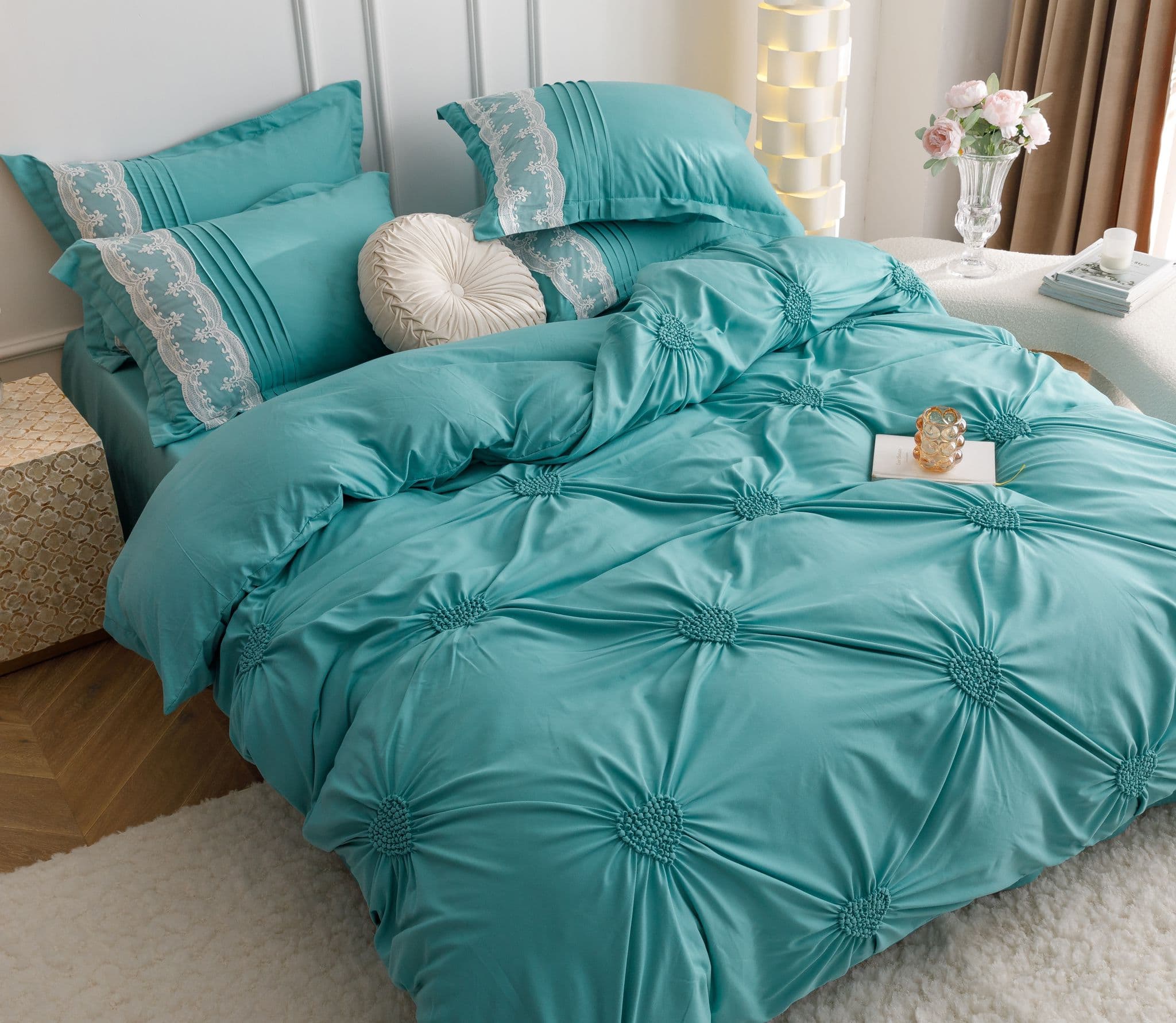 Fotografie produs: Set Lenjerie de pat decor imperial, Jojo bumbac finet 2 persoane, 6 piese turcoaz deschis Concept E Efrall