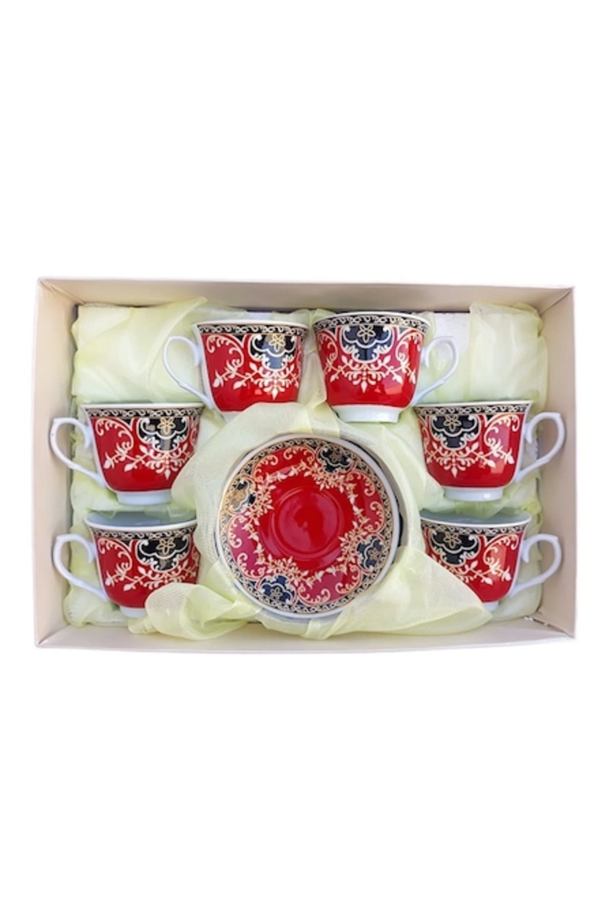 Fotografie produs: Set de 6 cesti ceramice cu farfurii, motive florale rosii, 37x25cm