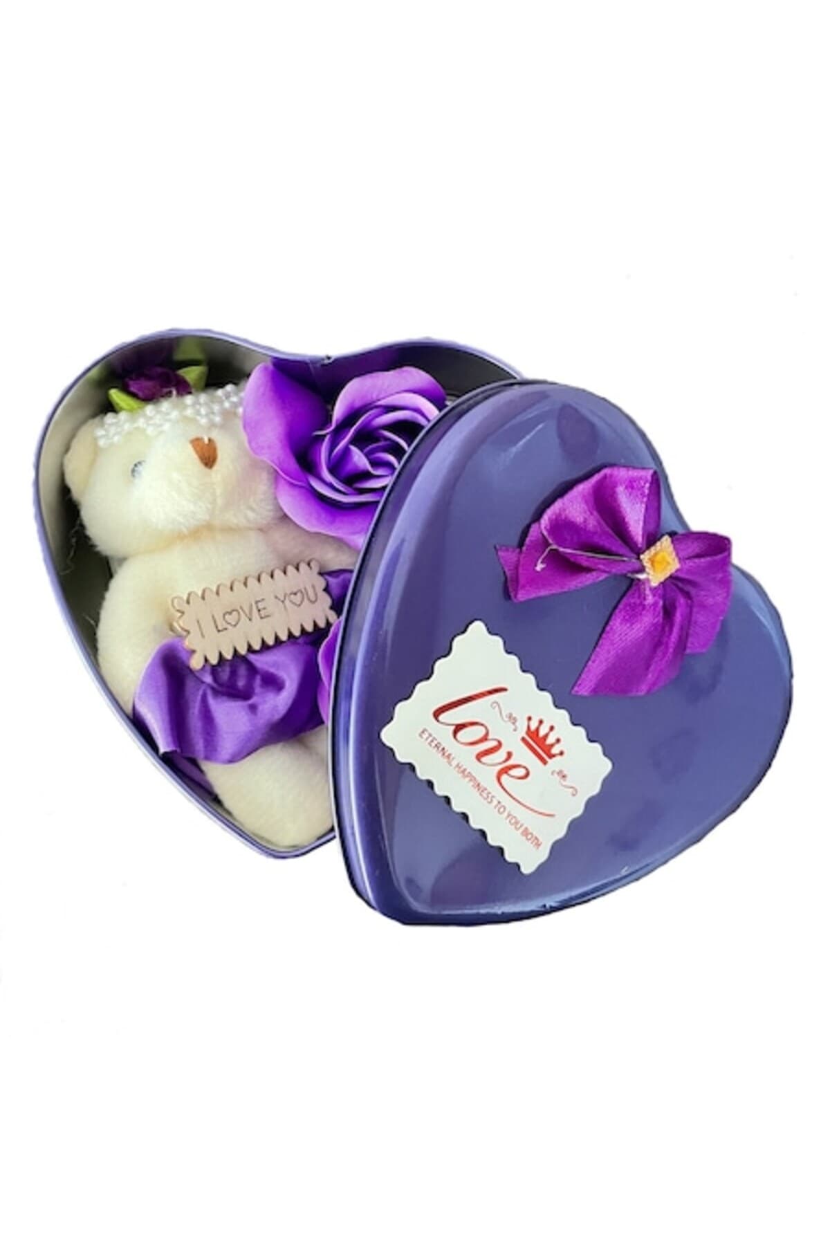 Fotografie produs: Aranjament floral cu ursulet de plus si 3 trandafiri de sapun