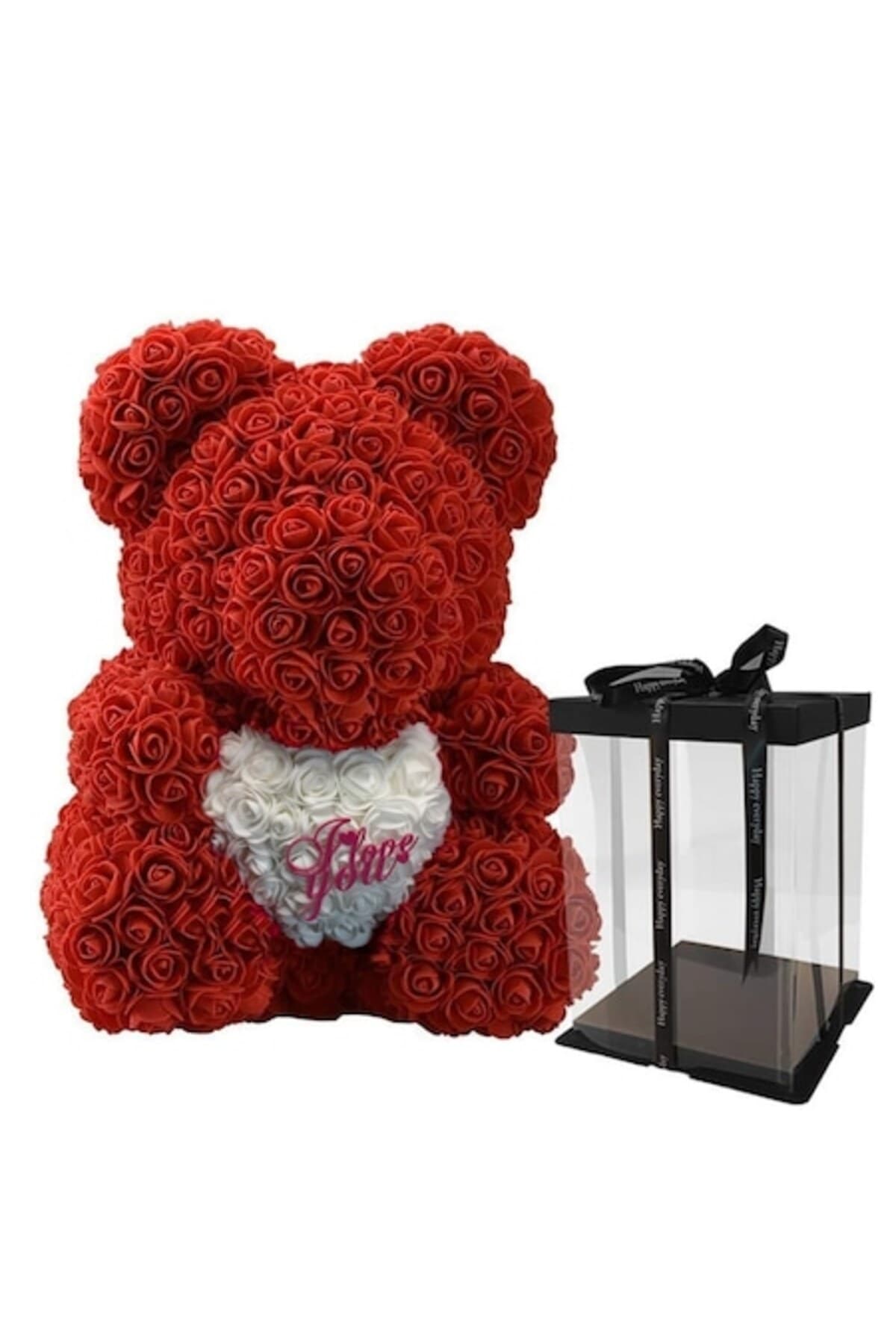 Fotografie produs: Ursulet de plus din trandafiri, 40 cm, cutie transparenta, culoare rosie, lucrat manual