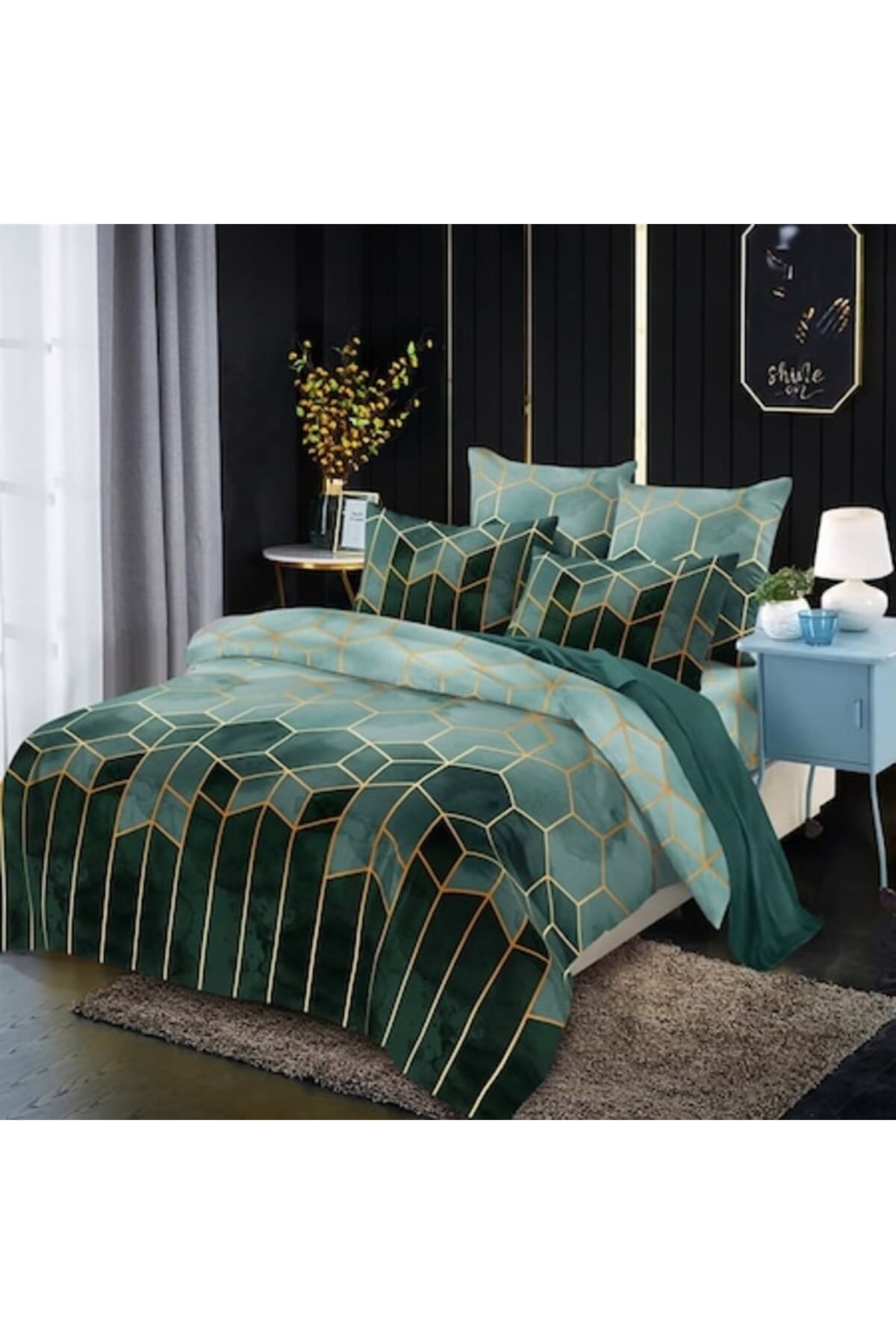 Fotografie produs: Set de lenjerie de pat dublu, bumbac premium, 6 piese, 2 persoane, model geometric verde