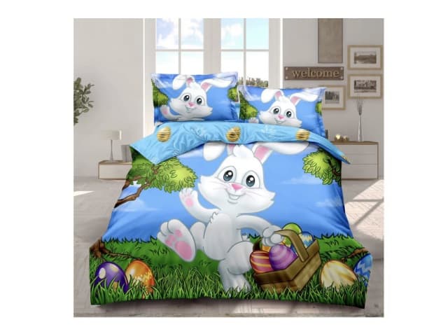 Fotografie produs: Lenjerie de pat, 4 Piese bumbac finet, Tematica de Paste iepuras cu cosulet oua 200 x 230 cm -Concept E Efrall
