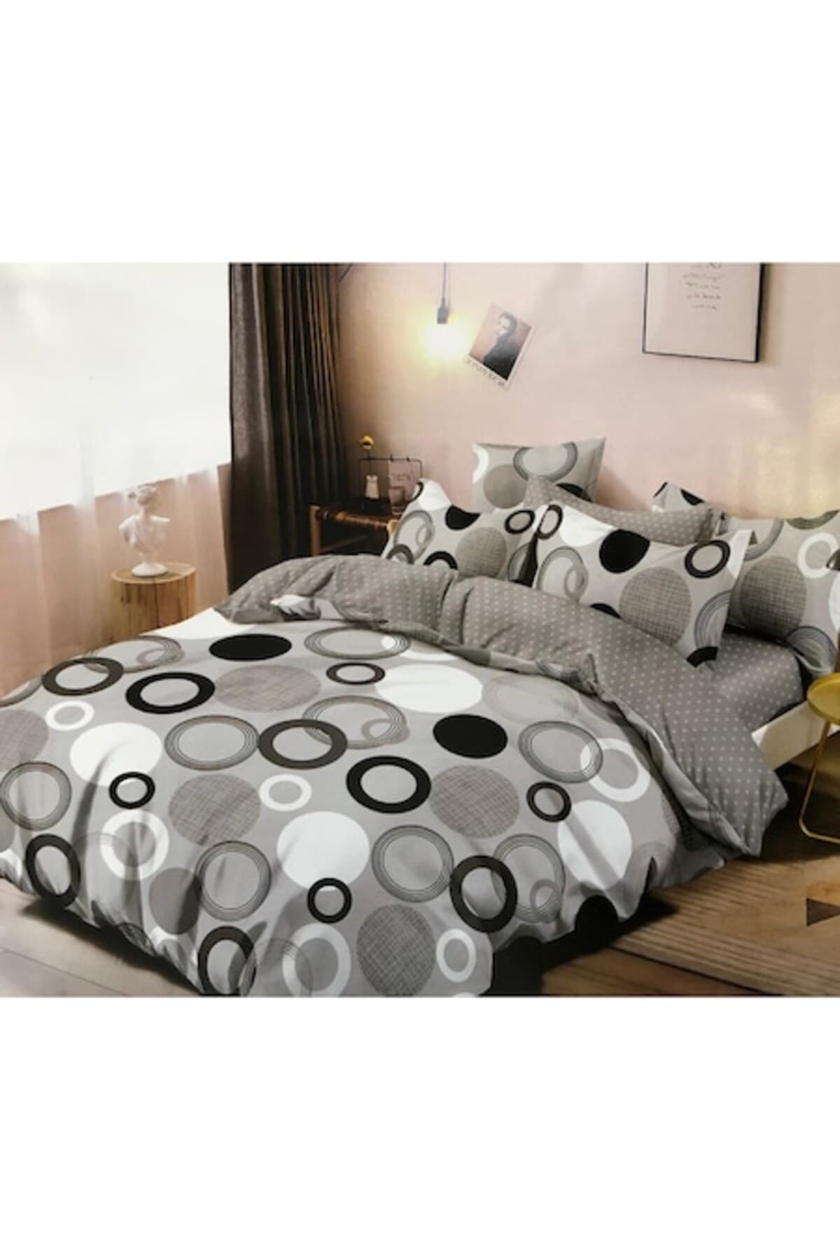 Fotografie produs: Set de lenjerie de pat pentru 2 persoane, 6 piese, super elegant, gri cu cercuri