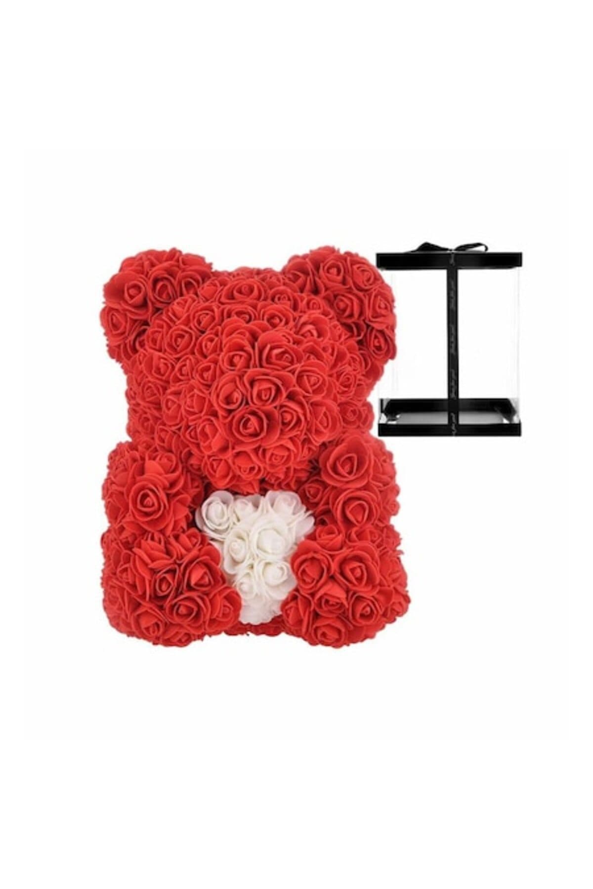 Fotografie produs: Ursulet de plus din spuma cu trandafiri, rosu cu inima alba, 20 cm, lucrat manual, cu cutie tr