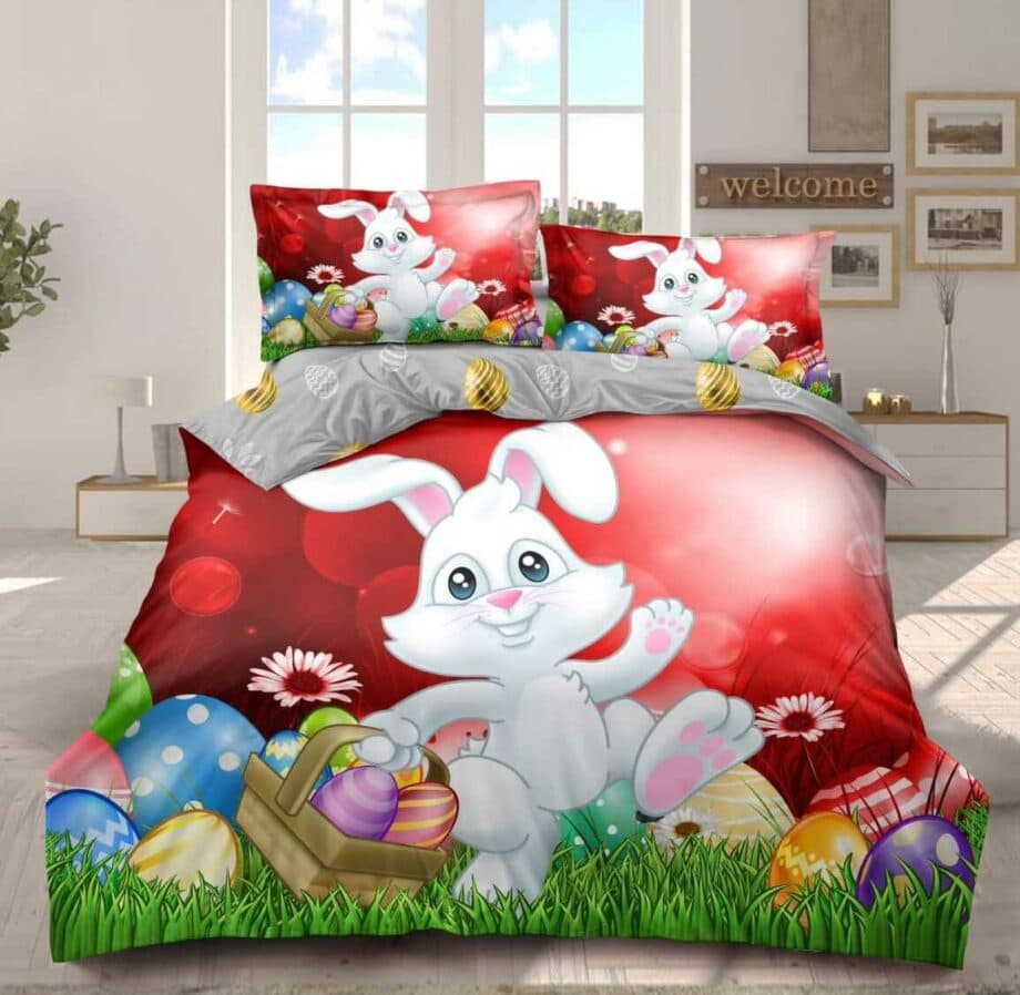 Fotografie produs: Lenjerie de pat, 4 Piese bumbac finet, Tematica de Paste rosie iepuras scu cosulet oua 200 x 230 cm - Concept E Efrall