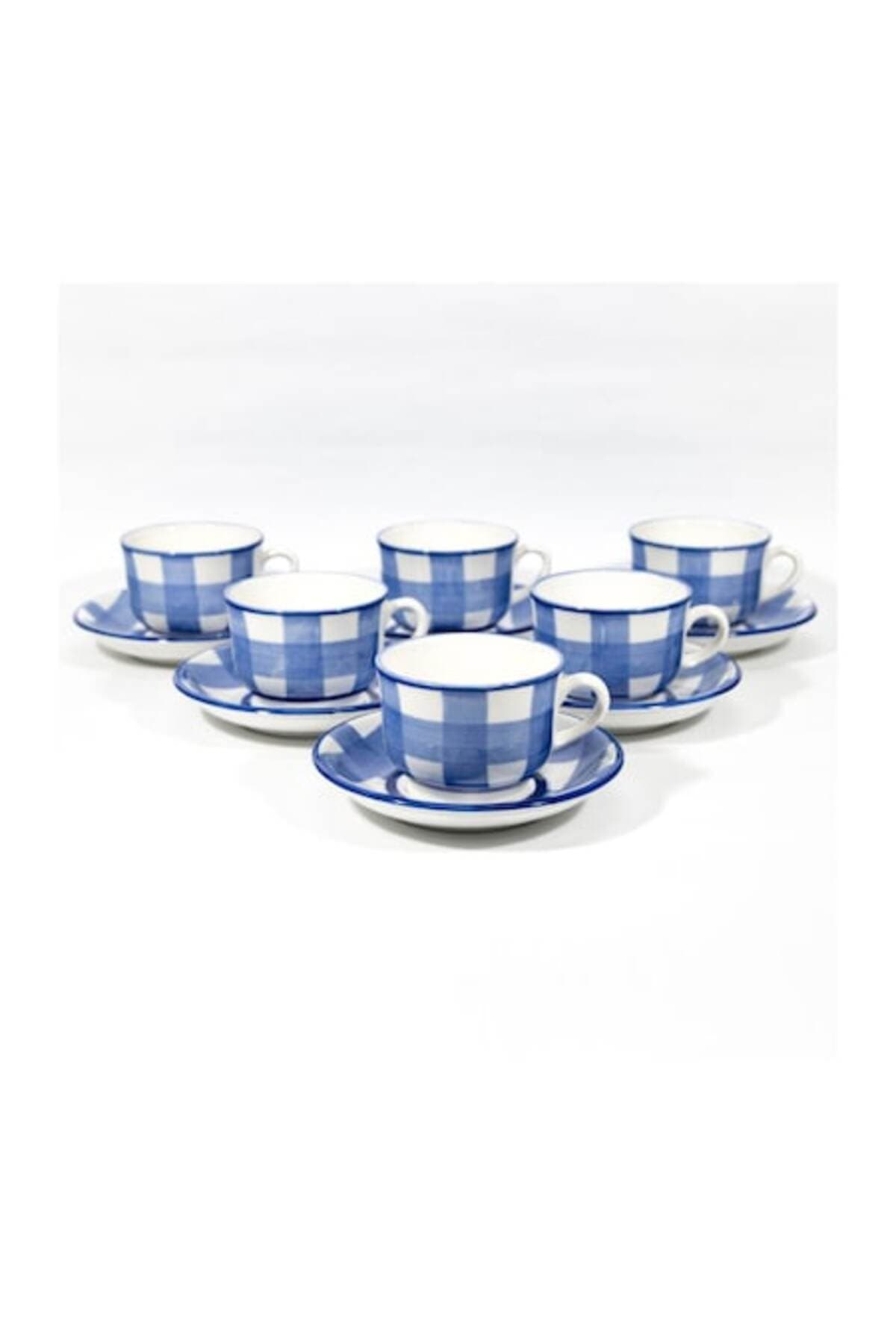 Fotografie produs: Set de 6 cesti ceramice + farfurie model in carouri, alb/albastru