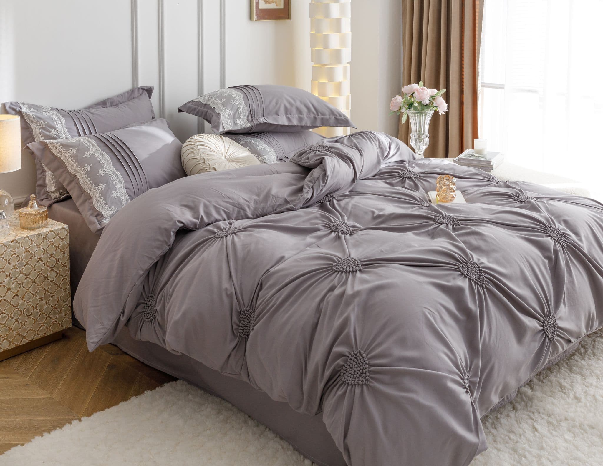 Fotografie produs: Set Lenjerie de pat decor imperial, Jojo bumbac finet 2 persoane, 6 piese gri deschis Concept E Efrall
