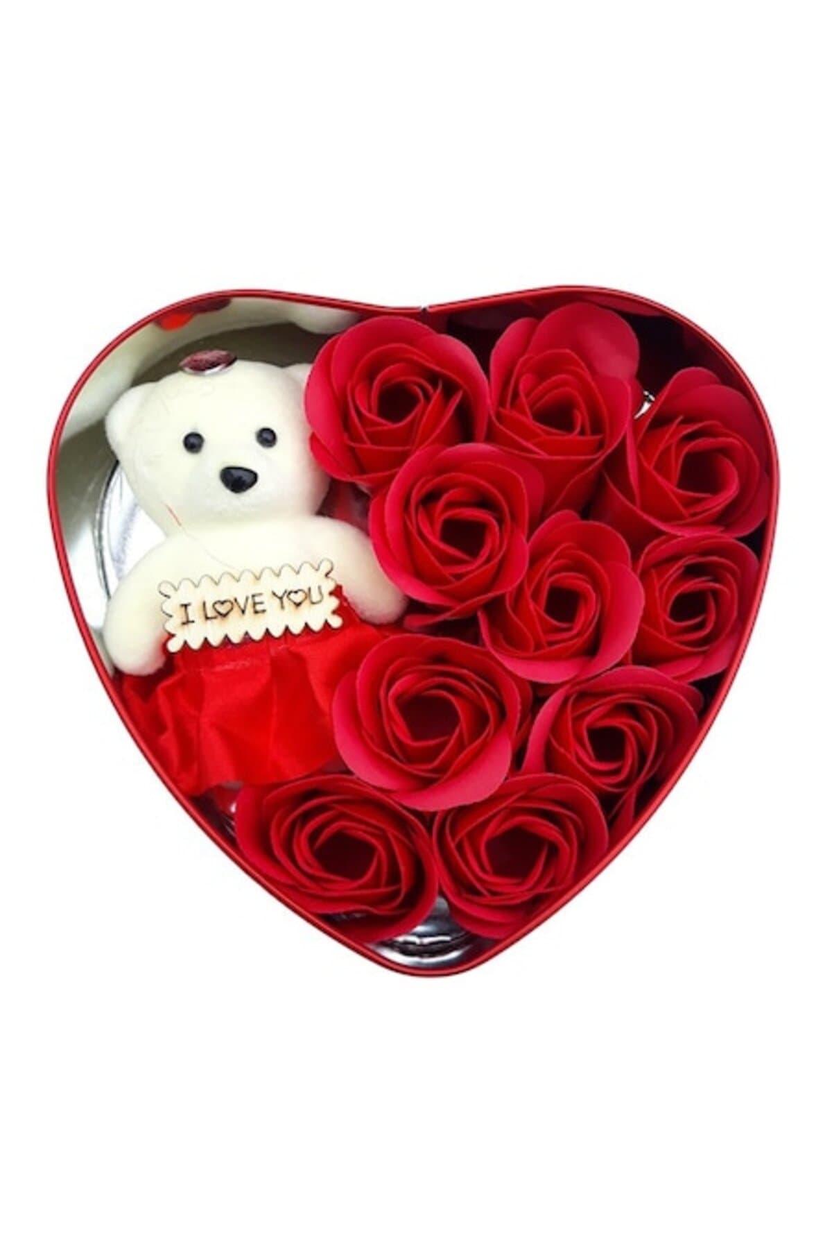 Cutie in forma de inima cu trandafiri de sapun si ursulet de plus cu textul Te iubesc, rosu