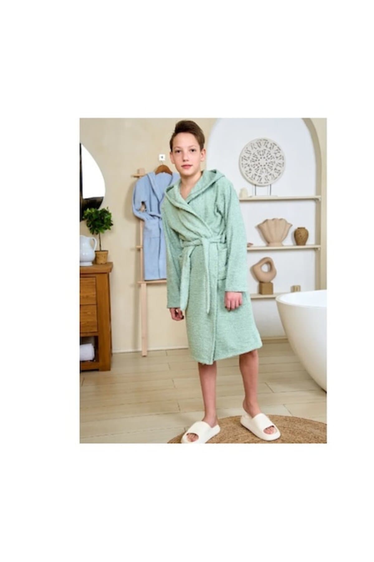 Fotografie produs: Halat de baie pentru copii de 6 ani cu gluga, curea reglabila si buzunar verde - Concept E Efrall