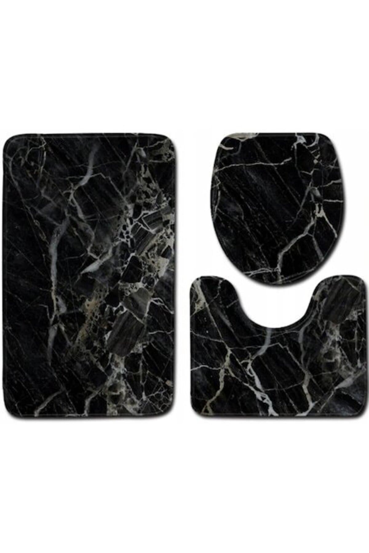 Fotografie produs: Set de 3 covorase de baie, Brak, poliester, model marmorat, 75 x 45 cm, negru/alb