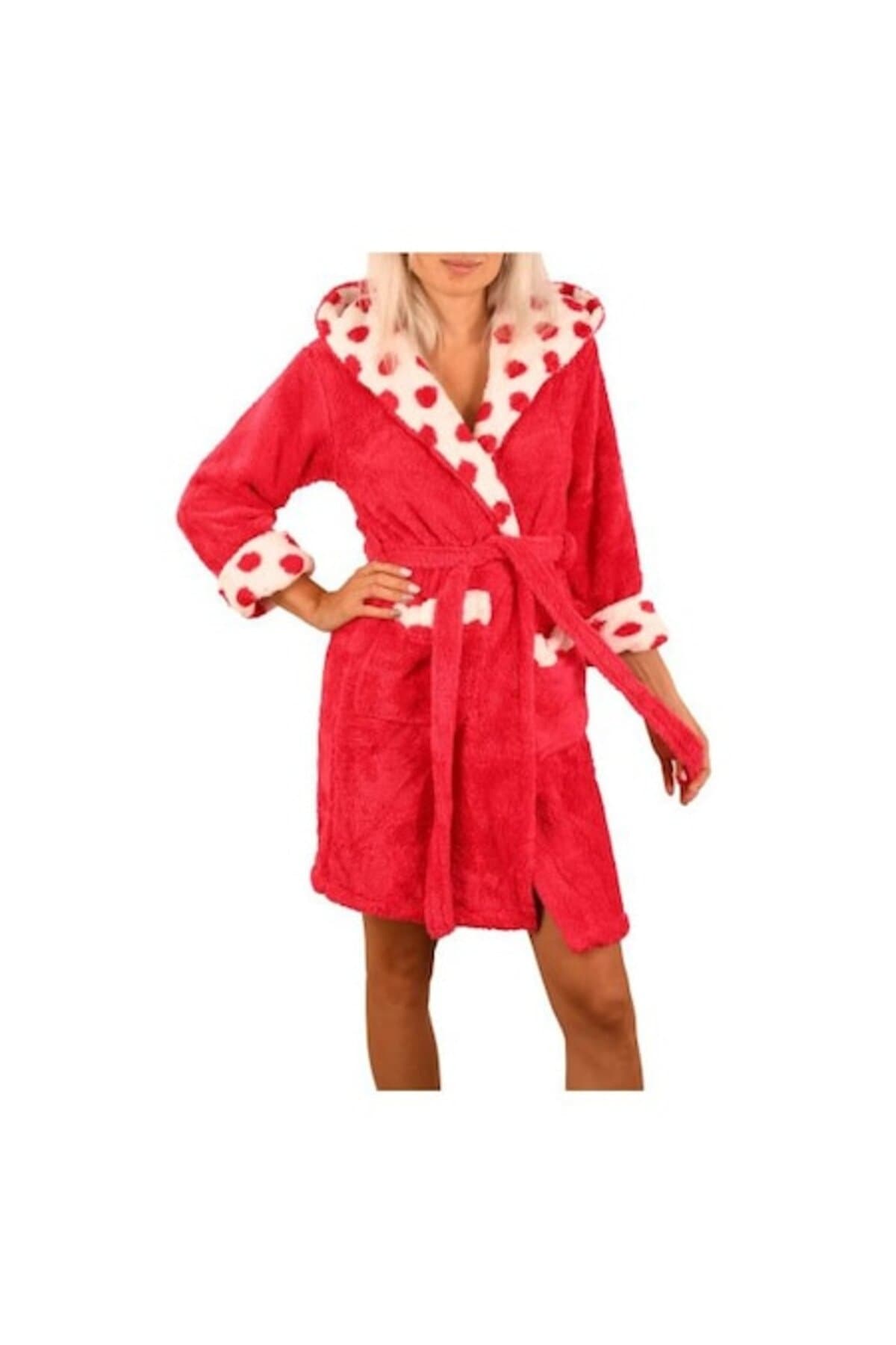 Fotografie produs: Halat de baie din fleece pentru femei cu buline - Rosu XL