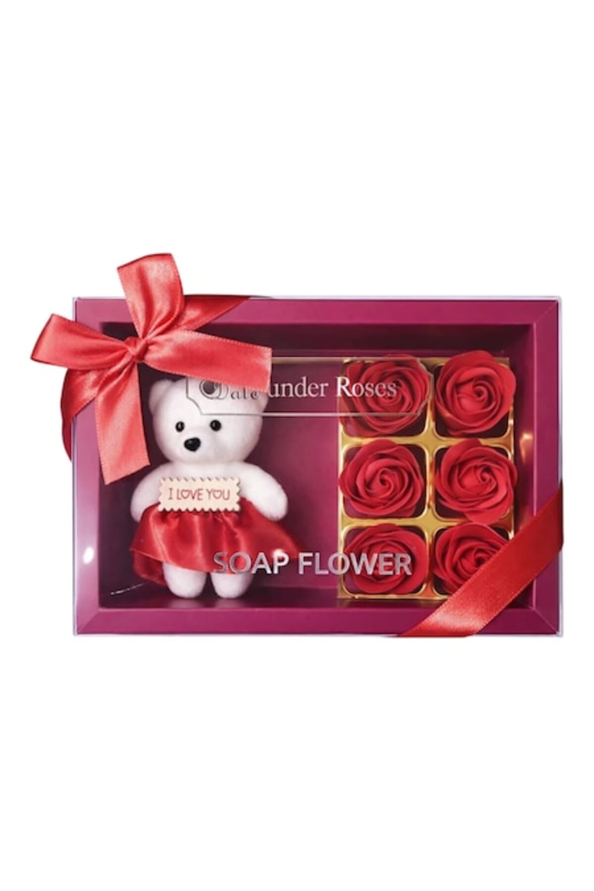 Set cadou cu trandafiri de sapun cu ursulet Te iubesc