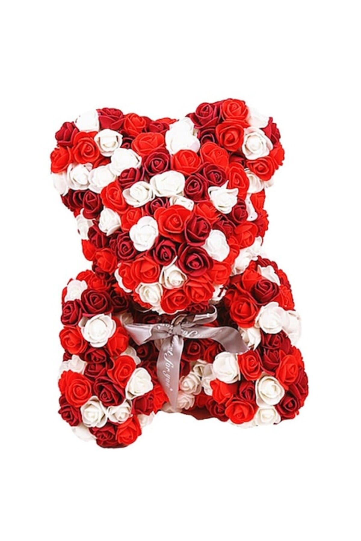 Fotografie produs: Ursulet de plus din trandafiri de sapun, rosu si alb, 25 cm