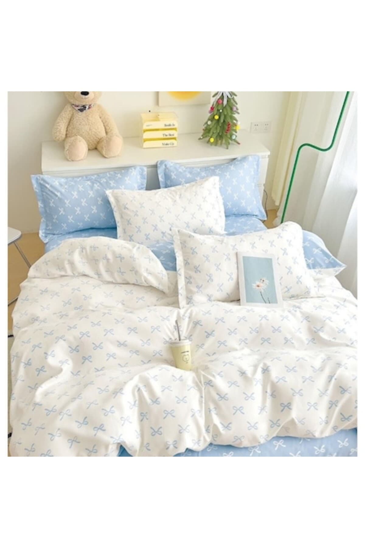 Fotografie produs: Set de lenjerie de pat dublu, cearsaf cu elastic reversibil, 6 piese, imprimeu cu funde, 2 persoane, 180x200cm, material satinat