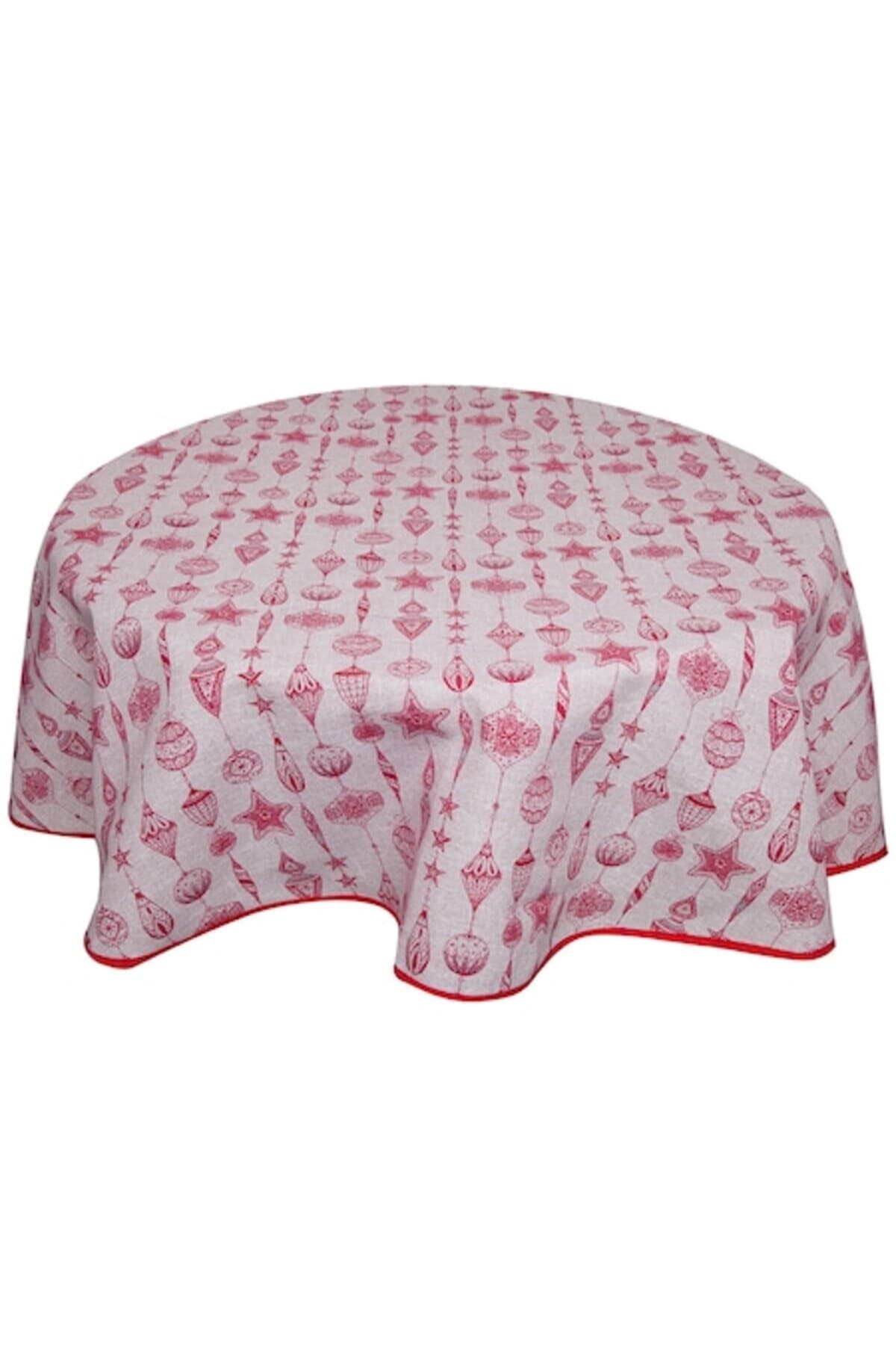 Fotografie produs: Fata de masa rotunda de Craciun, BonDia, model Stellas 101, diametru 140 cm, gri/rosu, stele/globuri/decorative - Rosu
