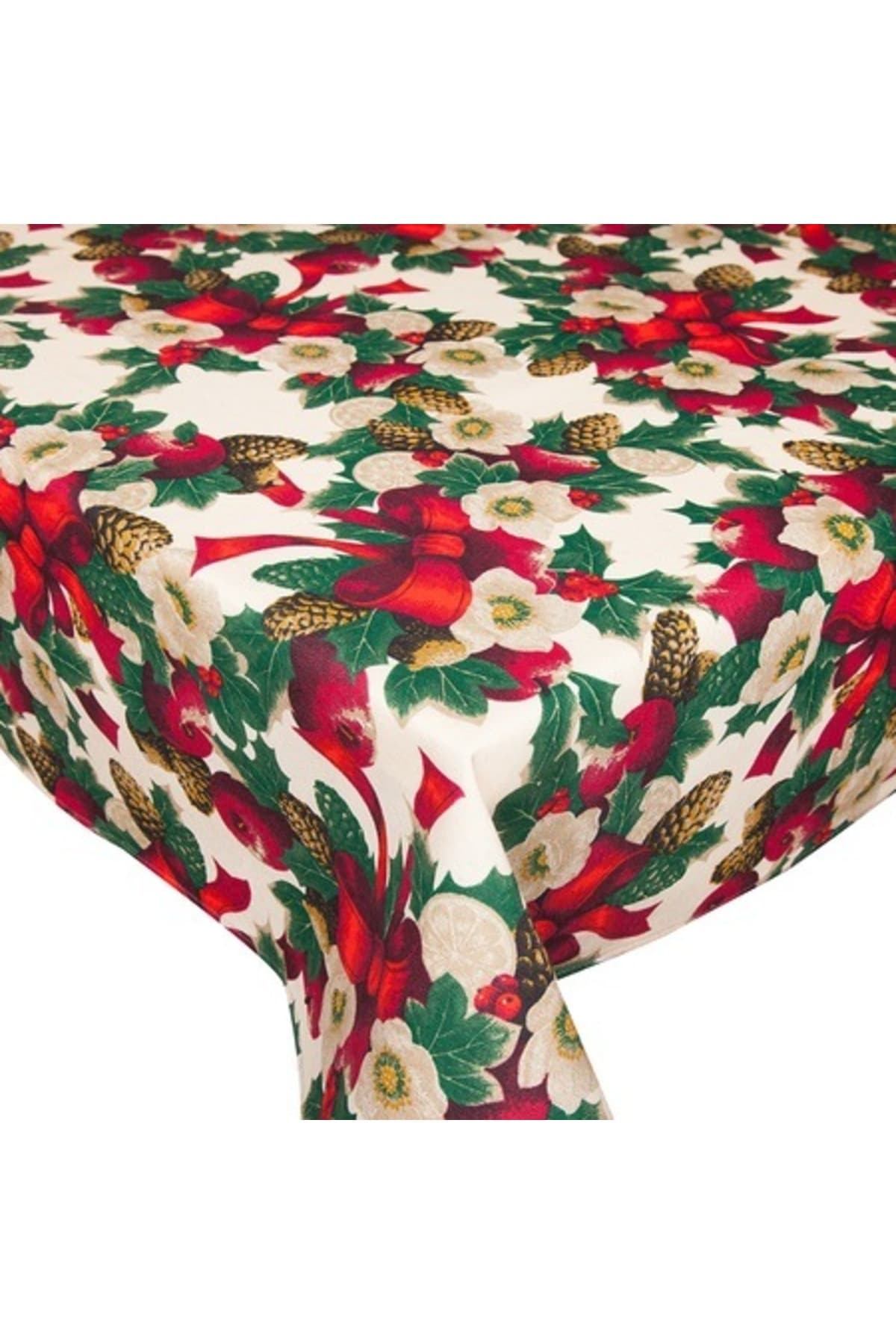 Fotografie produs: Fata de masa de Craciun, BonDia, Model Nadal 403, 140 cm x 240 cm, Crem/Rosu, Funda/Conuri de pin/Vasc - Rosu