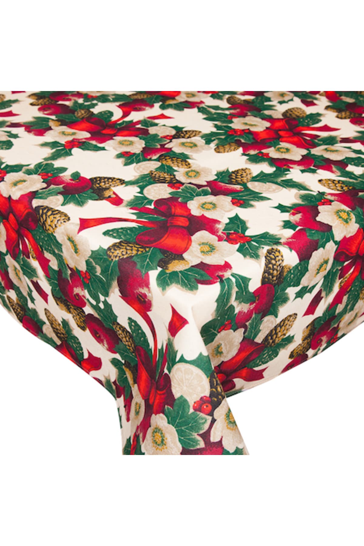 Fotografie produs: Fata de masa de Craciun, BonDia, Model Nadal 403, 140 cm x 300 cm, Crem/Rosu, Panglica/Conuri de pin/Vasc - Rosu
