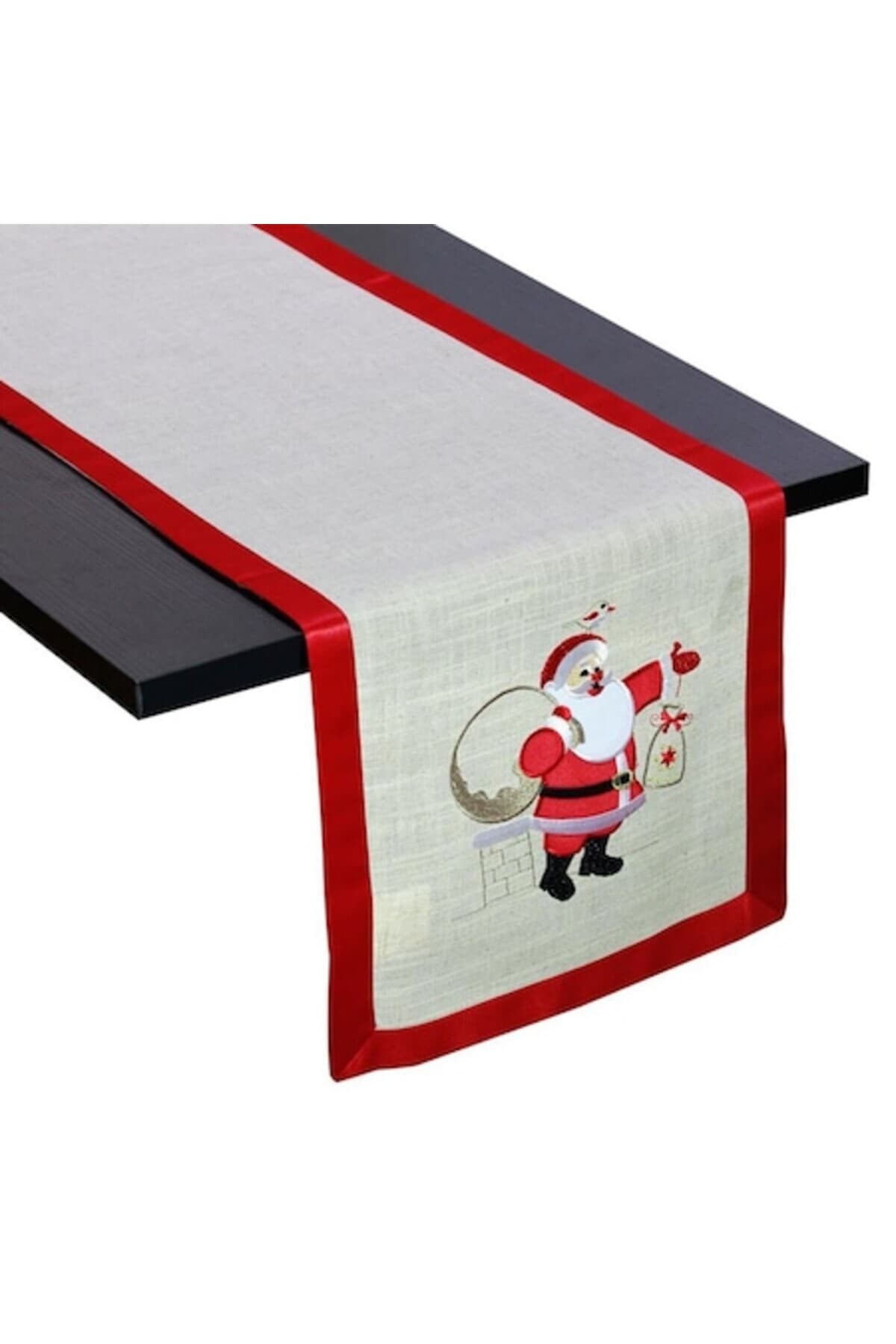 Fotografie produs: Fata de masa cu imprimeu Mos Craciun si margine rosie, DecorCasa, 34 x 151 cm - Multicolor