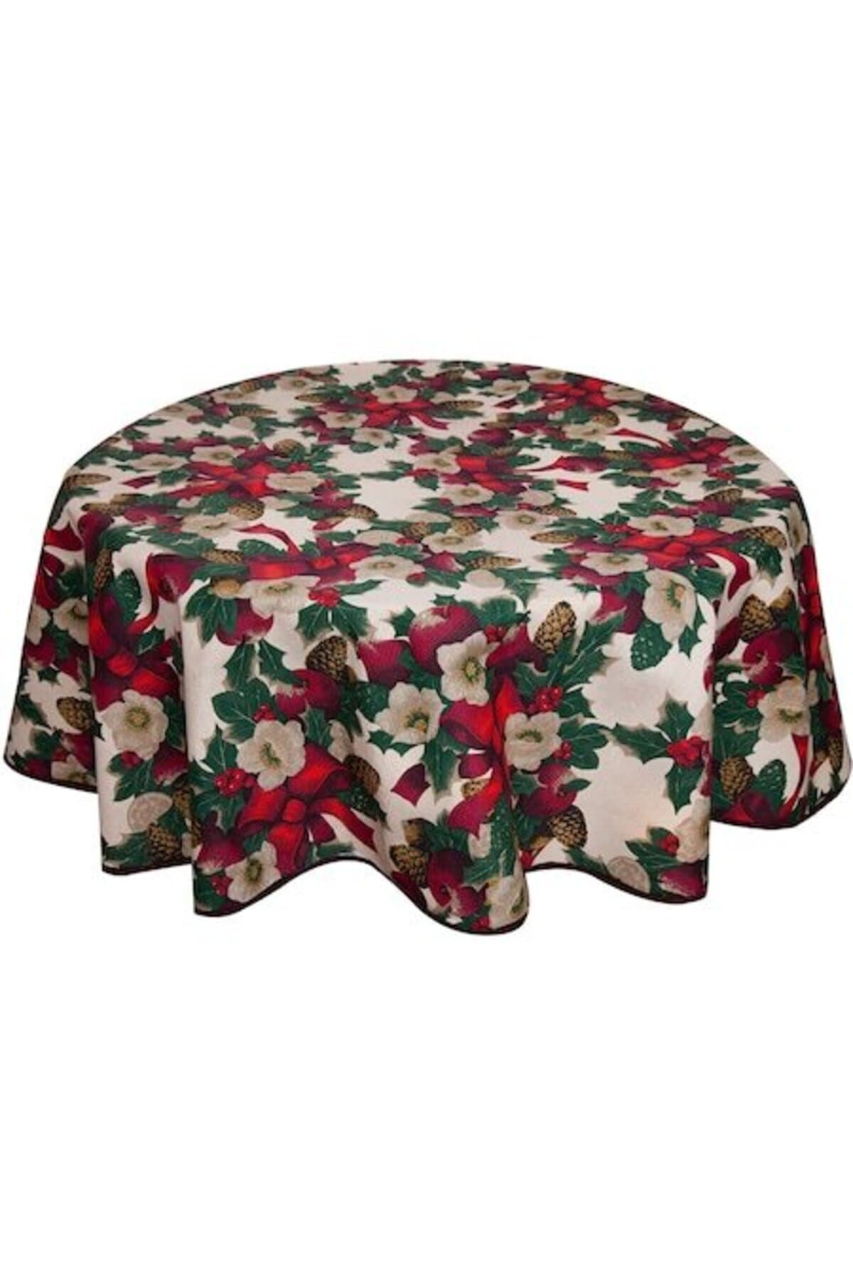 Fotografie produs: Fata de masa rotunda de Craciun, BonDia, Nadal Model 403, diametru 140 cm, crem/rosu, funda/conite de pin/vasc - Rosu