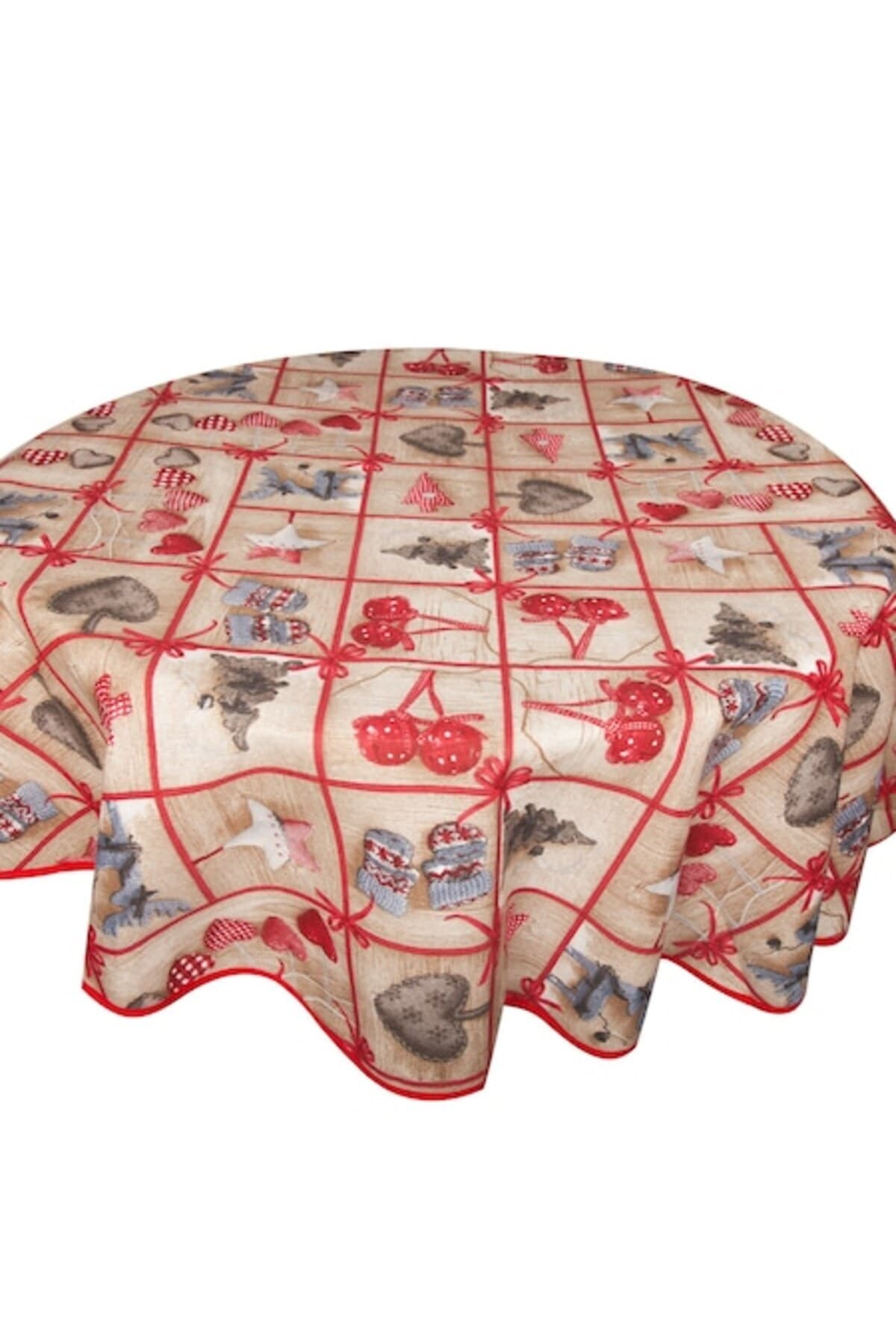 Fotografie produs: Fata de masa rotunda de Craciun, BonDia, Rakkaani 101, diametru 140 cm, bej/rosu, cerb/globuri/brad - Rosu